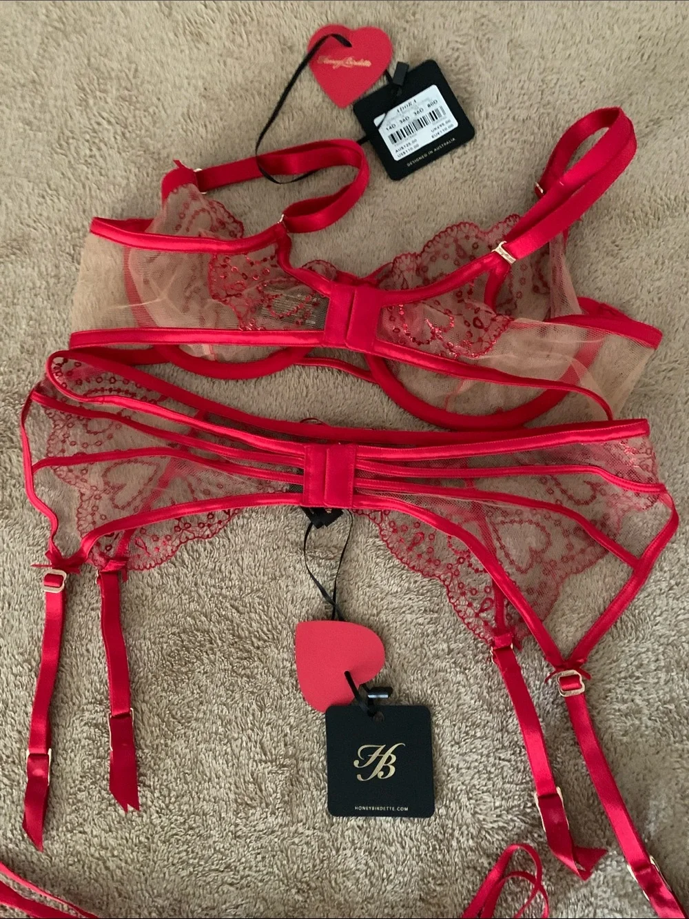 Honey Birdette “Adora” Heart-Embroidered Red Lace Bra, Garter & Thong Set